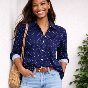 LOFT Polka Dot Button Down Shirt Navy White French Girl Casual Top Medium